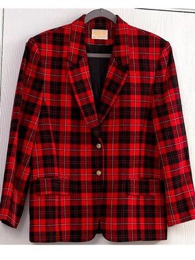 Pendleton Red Plaid Virgin Wool Blazer Jacket Classic Tartan Tailored Size 14